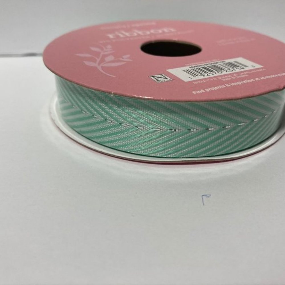5 Green White Chevron Silver Metallic Ribbon